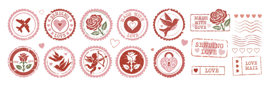 Vintage Valentine's Postmark with textured designs and Love Symbols Collection. Romantic Scrapbooking elements, roses, hearts, and Cupid. Ideal for Wedding invitations and digital Scrapbook collages