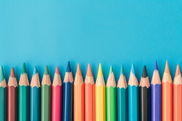 Vibrant arrangement of colored pencils on blue background highlighting creativity and artistic expression