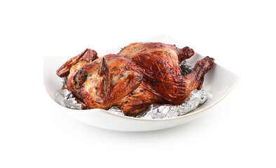 Grilled chicken delicious ready to eat served on a aluminium foil isolated on white background with clipping path, Baked whole chicken, fried chicken in any kitchen, Chick meat prepared at grill.