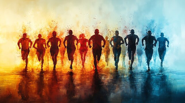 Watercolor-style depiction of runners in a marathon, their silhouettes painted with vibrant strokes to illustrate the energy and determination of the race ::2 artistic brushwork, blurred motion, 