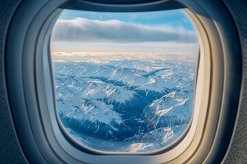 Fototapeta premium Snowy mountain landscape viewed from an airplane window during daytime flight over the region