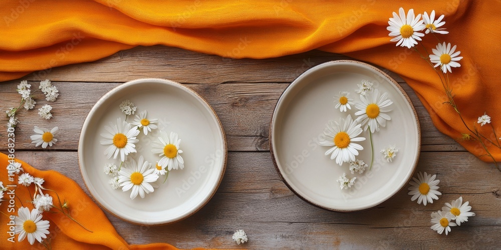 Poster aerial view of two empty plates with white and yellow flowers on orange fabric and rustic wooden sur