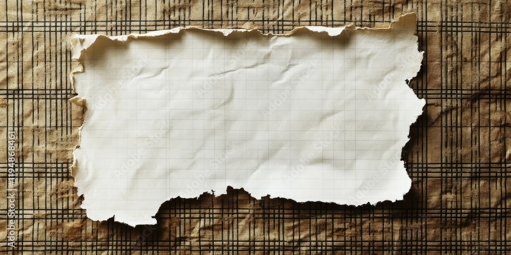 Poster torn white notebook paper with frayed edges attached with tape on a textured brown squared pattern b
