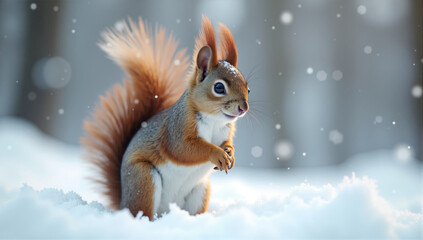 Squirrel explores snowy landscape while snowflakes gently fall in a tranquil winter setting