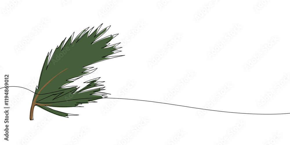 Poster a single line drawing of a pine branch. continuous line needles icon in color. one line icon. vector