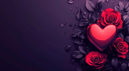 illustration, valentine theme minimal and elegant background image with roses and red heart for restaurant menu design on purplebackground