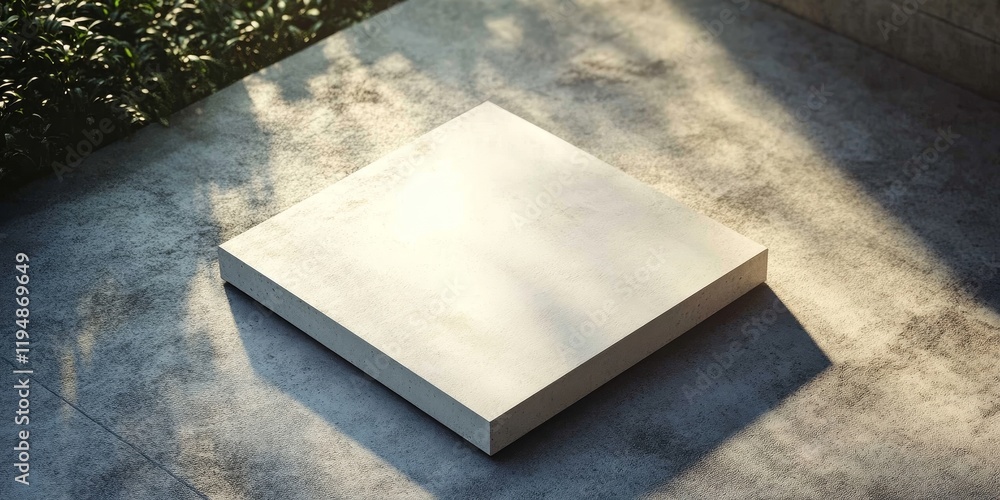 Poster aerial view of a flat square plate on a textured cement surface surrounded by greenery with soft sha
