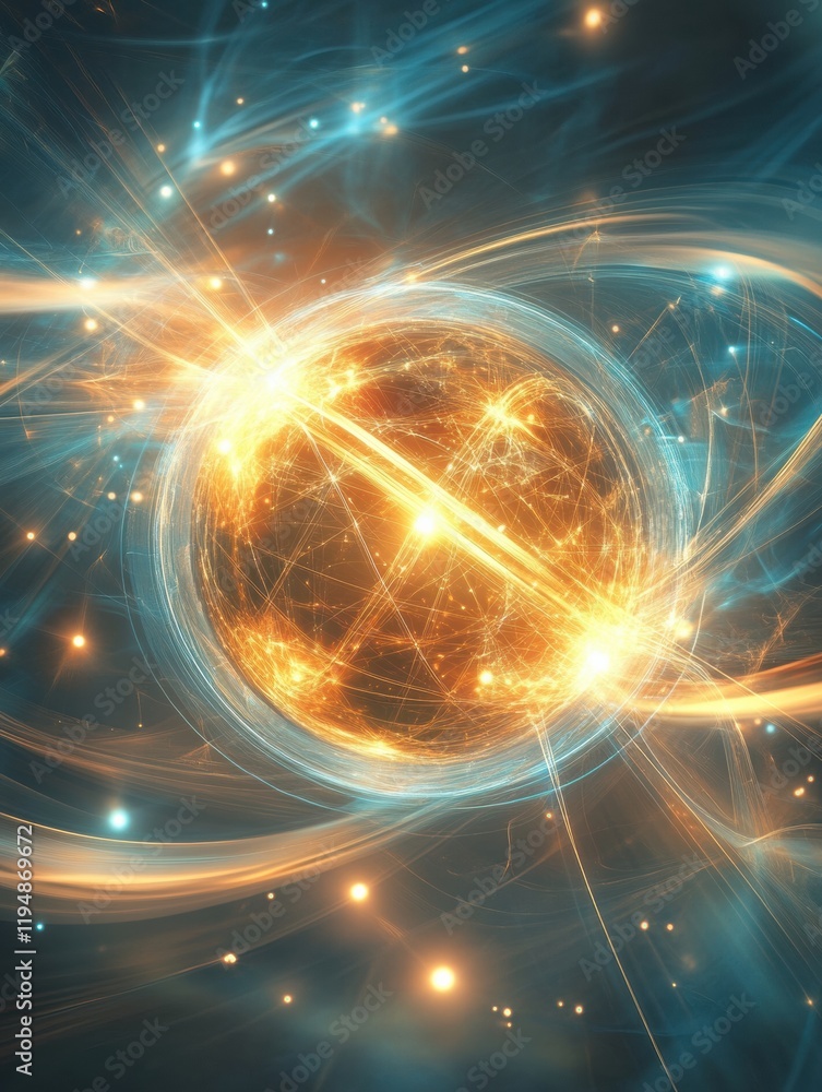 Poster Glowing digital globe surrounded by flowing lines and bright points illustrating connectivity and technology concepts. Generative AI