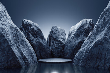 Black rock niche dark rough surface meteorite mountain and pond water light shadow platform product display advertisement stand background stone strong planet or underwater nature. 3D illustration.