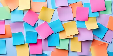 Colorful array of sticky notes in various pastel hues including pink, blue, yellow, and purple scattered across a light blue background.