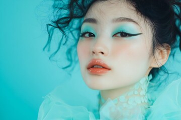 Fashionable young Asian woman with stylish mint makeup on blue background