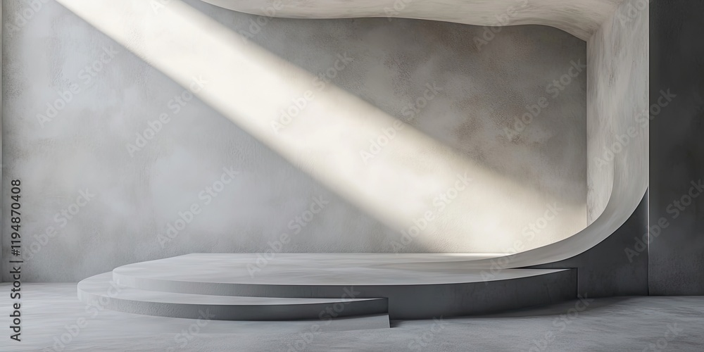 Poster minimalist abstract stage scene with soft gray tones, featuring curved platform and illuminated by n