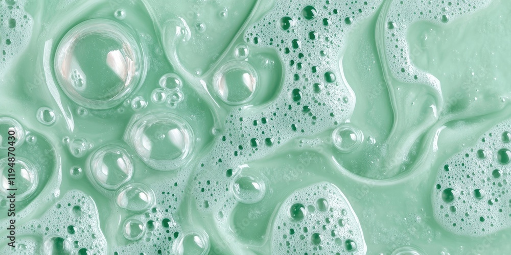 Poster mint green abstract textured background showcasing a macro view of transparent slime with bubbles ar
