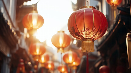 Bright red and gold Chinese lanterns hanging against a dark night sky, glowing warmly, representing traditional Chinese New Year decorations.