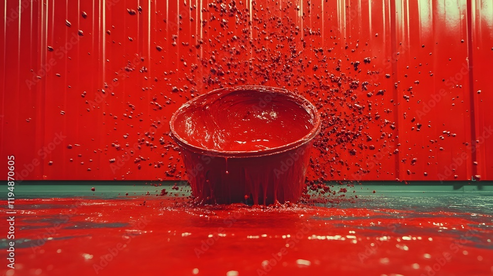 Poster vibrant red paint splashing from a bucket creating a dynamic artistic scene in a bold and colorful e