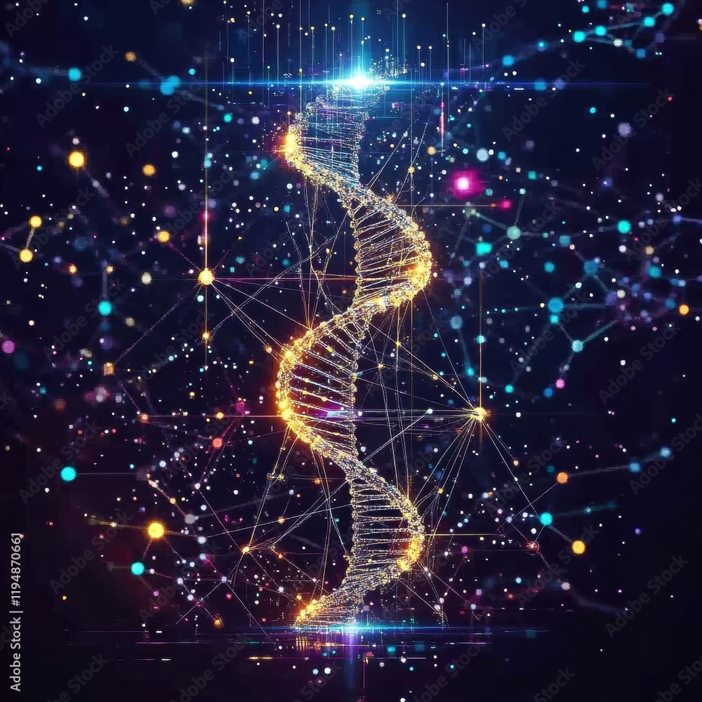 Poster glowing dna double helix illuminated by molecular connections in a vibrant cosmic backdrop. generati