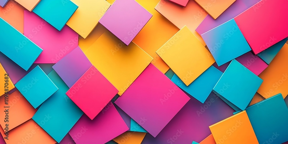 Poster vibrant geometric backdrop with pink, orange, and turquoise squares arranged in dynamic layers creat