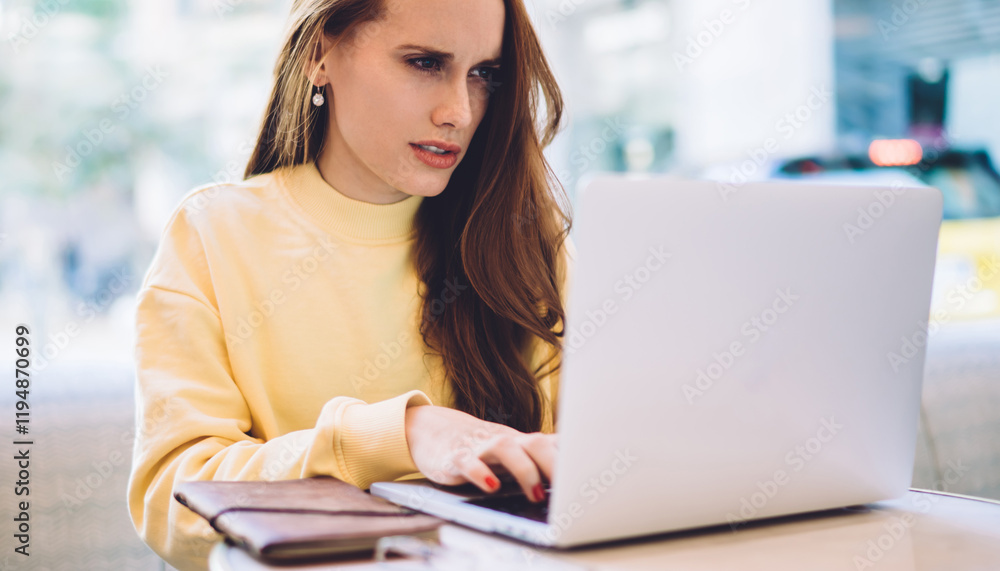 Aufkleber puzzled female freelancer working remotely with online startup project solving problem with mistakes