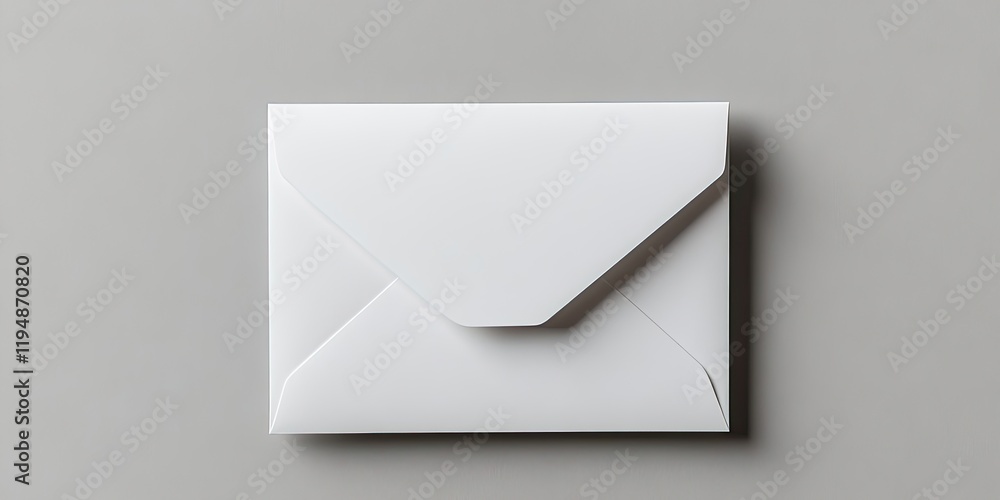Poster top view of an open white envelope with a blank card inside set on a smooth grey background highligh
