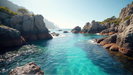 Obraz premium Breathtaking coastal landscape featuring clear turquoise waters and rocky cliffs under bright sunny skies