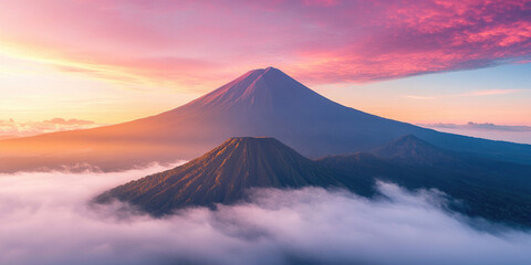 Aerial View of a Mountain Covered in Fog Under the Beams of Light for Atmospheric Landscape Photography
