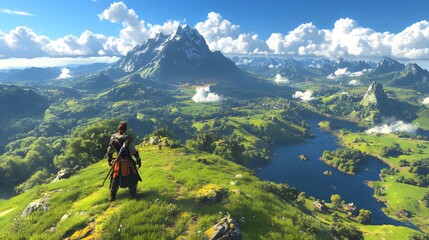 Obraz premium Majestic Mountain Landscape with Lush Green Valleys and a River Under a Clear Blue Sky, Captured from a High Perspective in a Vibrant Scenic Location