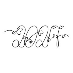 2027 Hand drawn lettering with decorative hearts and flowers. One continuous line New Year greeting