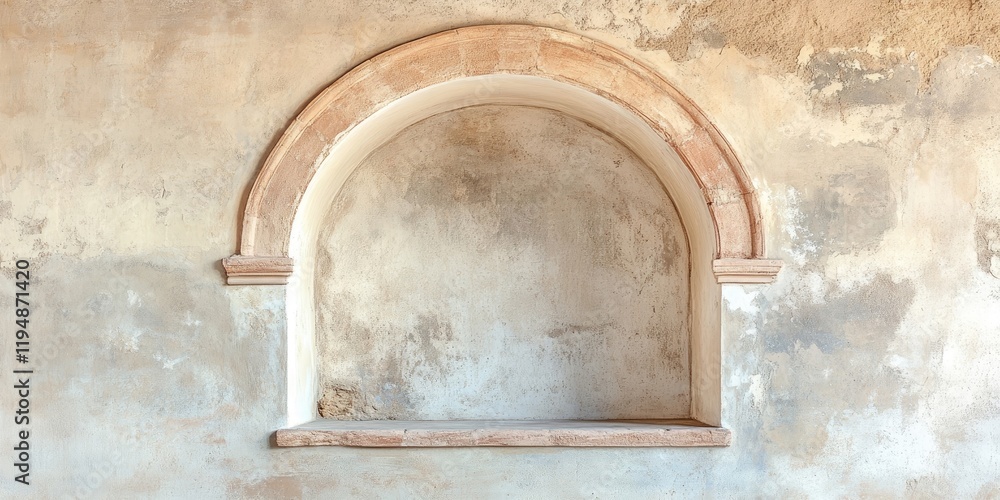 Poster aged plaster arch with false window design in cream and beige tones centered in a stucco frame provi
