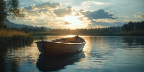 Beautiful Shot of a Small Lake with a Wooden Rowboat in 8K, Ideal for Serene Landscape Photography