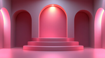 Pink Minimalist Podium: A simple yet stunning 3D rendering of a three-step podium, bathed in soft pink light. The sleek and modern design is perfect for product displays, presentations.
