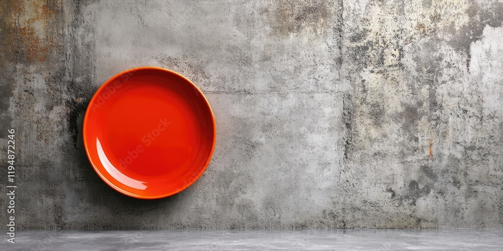 Poster vibrant orange plate positioned left against textured gray cement wall with ample empty space for cu