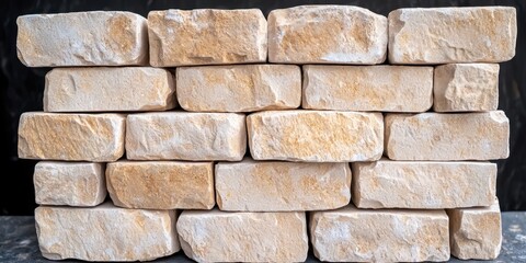 Fototapeta premium Construction concept using lightweight bricks. Stacked light-colored stones arranged in a solid formation against a dark background