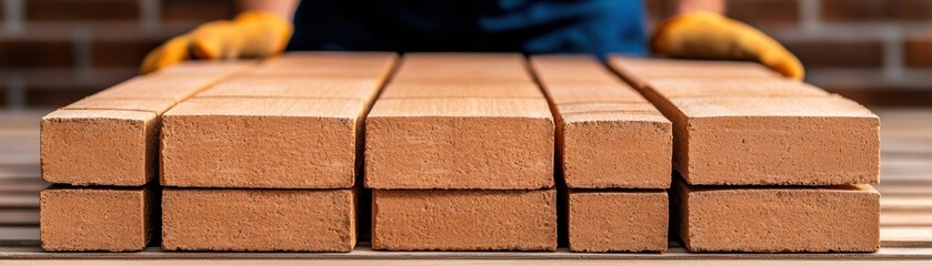 Construction concept using lightweight bricks. Stacked bricks on a workbench with gloved hands preparing to use them