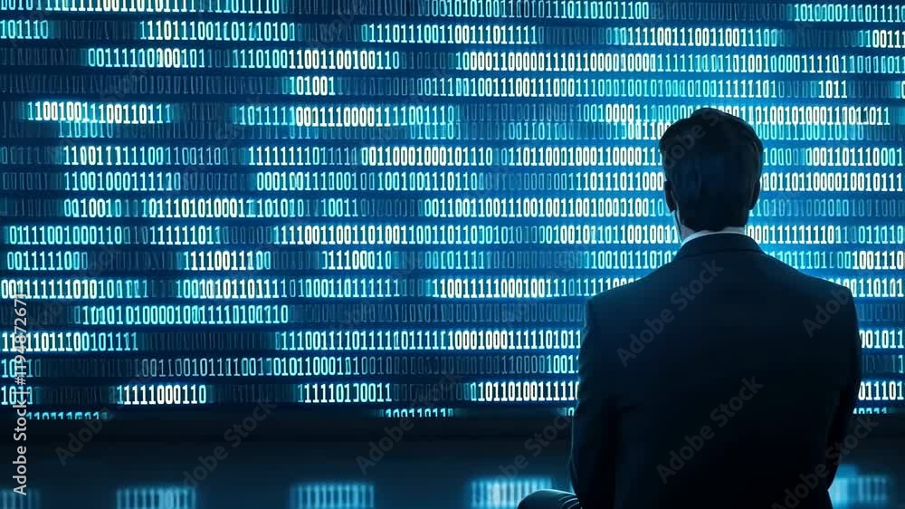 Poster modern business person analyzing data code in digital environment