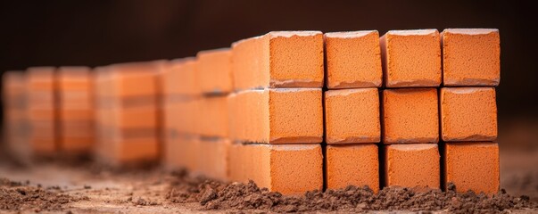 Construction concept using lightweight bricks. Stacked orange bricks on soil, ready for construction projects