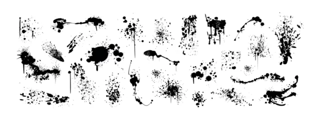 Selbstklebende Fototapeten Spray paint inky drips, blots or splatters. Black splashes, graffiti speckles, spatter or inkblot spots with dusty grunge effect. Paintbrush splotch, drops or liquid blobs. Set of dirty splash stains © redgreystock