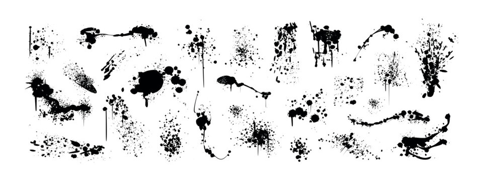 Spray paint inky drips, blots or splatters. Black splashes, graffiti speckles, spatter or inkblot spots with dusty grunge effect. Paintbrush splotch, drops or liquid blobs. Set of dirty splash stains