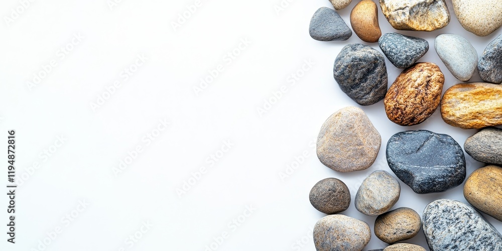 Aufkleber aerial view of assorted smooth stones in various shades of gray and brown arranged on the right side
