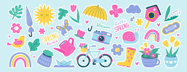 Cute diary journal stickers. Trendy daily planner labels, scrapbook icons flat set. Bullet journal spring decoration elements with flowers, butterfly, birdhouse for to do list, scheduler or organizer