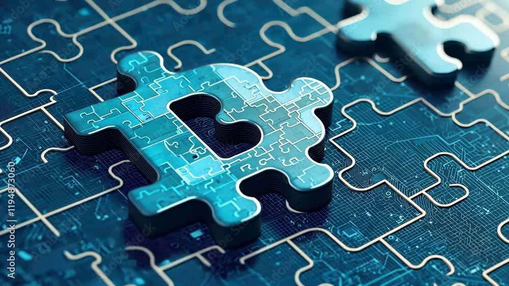 Poster intricate puzzle piece on digital background with circuit patterns and glow effects