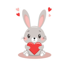Adorable Cartoon Bunny Hugging a Pink Heart Surrounded by Love Symbols