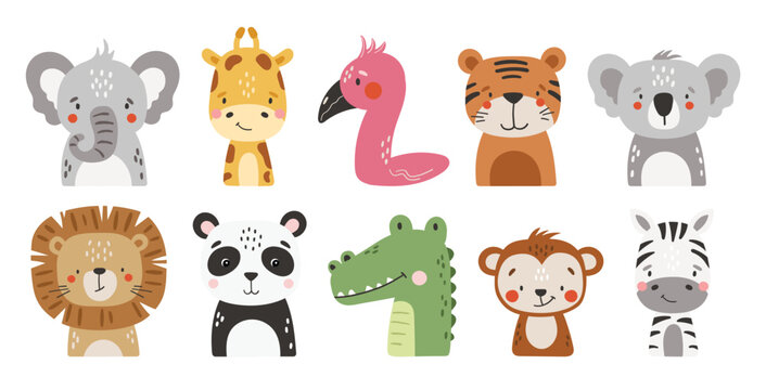 Safari animals set isolated, cute tropical animals, kids illustrations	