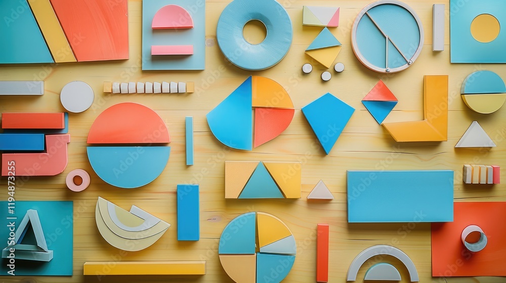 Leinwandbilder a organized desk setup with a light wooden surface with many colorful flat geometric paper shapes li