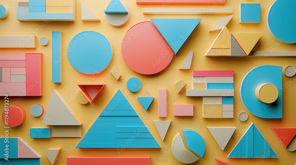 Leinwandbilder a organized desk setup with a light wooden surface with many colorful flat geometric paper shapes li