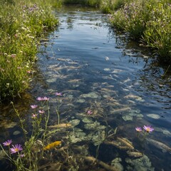 A gentle brook with minnows swimming in the shallows, surrounded by wildflowers.