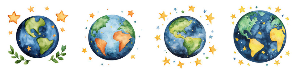 Earth day element, Colorful Earth s with stars and leaves, perfect for designs, isolated on transparent background.