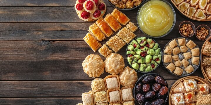 Traditional Eastern desserts selection on a wooden surface featuring baklava, halva, rahat lokum, nuts, and dates in warm tones, artfully arranged.