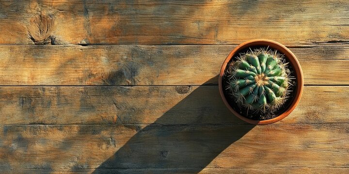 Aerial view of a round cactus in a terracotta pot on a rustic wooden surface with soft shadows and warm earthy tones