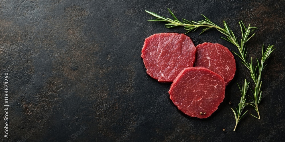 Poster raw beef fillet slices on dark textured background with sprigs of rosemary positioned on the right a