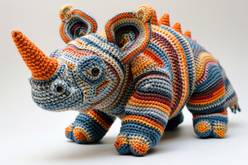 Fototapeta premium Soft and vibrant, this knitted children's toy resembles a fictional beast with a horn, colorful stripes, and playful textures, inviting imaginative storytelling and creative play.